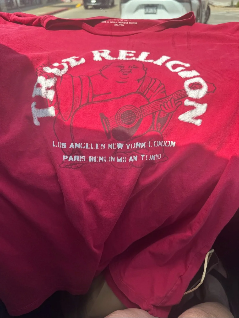 True Religion Red Logo Tee with Graphic Front Buddha playing guitar! XXL
